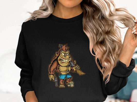 Fierce Smooking Gorilla with Gun Graphic Printed Sweater - Design & Vybe