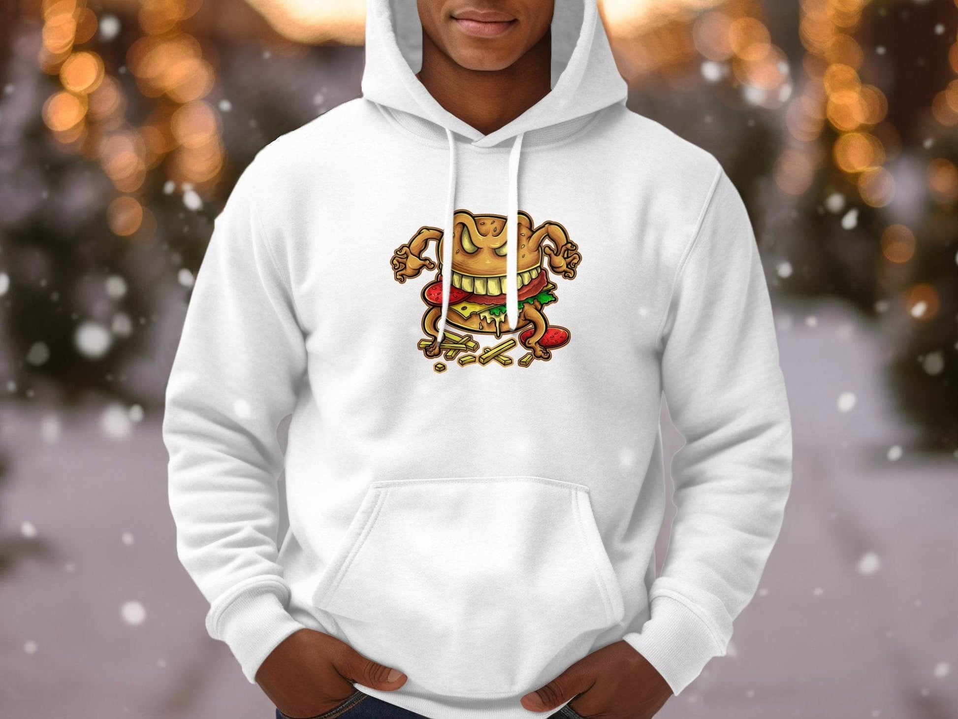 Quirky Cartoon Monster Cheeseburger Graphic Hoodie - Design & Vybe