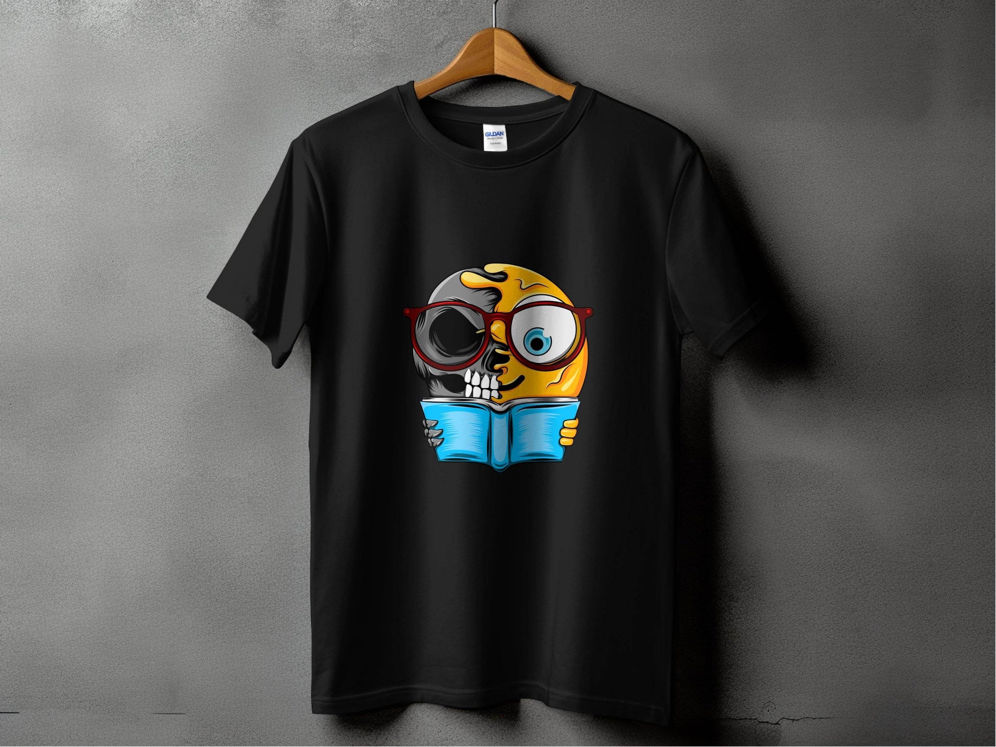 Half Skull Half Emoji Reading Book Illustration T-Shirt - Design & Vybe
