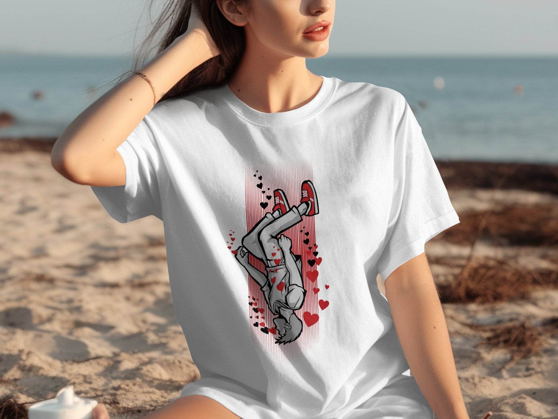 Dynamic Falling Character Heart Design T-Shirt - Design & Vybe