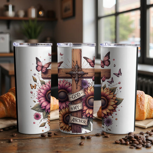 God Is My Anchor Butterfly and Sunflower Tumbler product