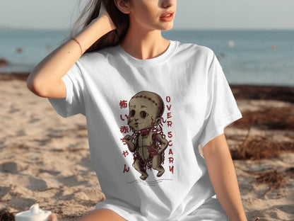 Scary Doll with Japanese Text Design Trendy Over Scary T-Shirt - Design & Vybe