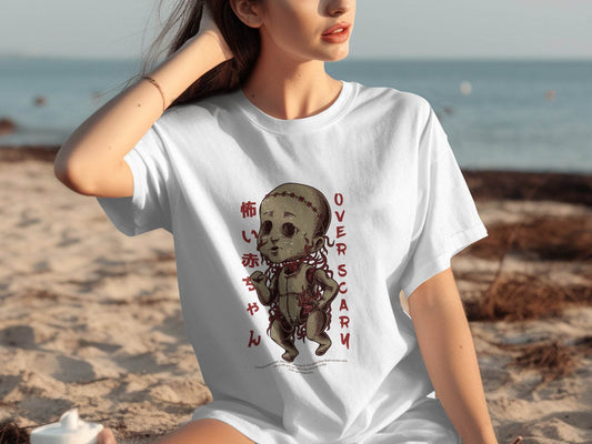 Scary Doll with Japanese Text Design Trendy Over Scary T-Shirt - Design & Vybe