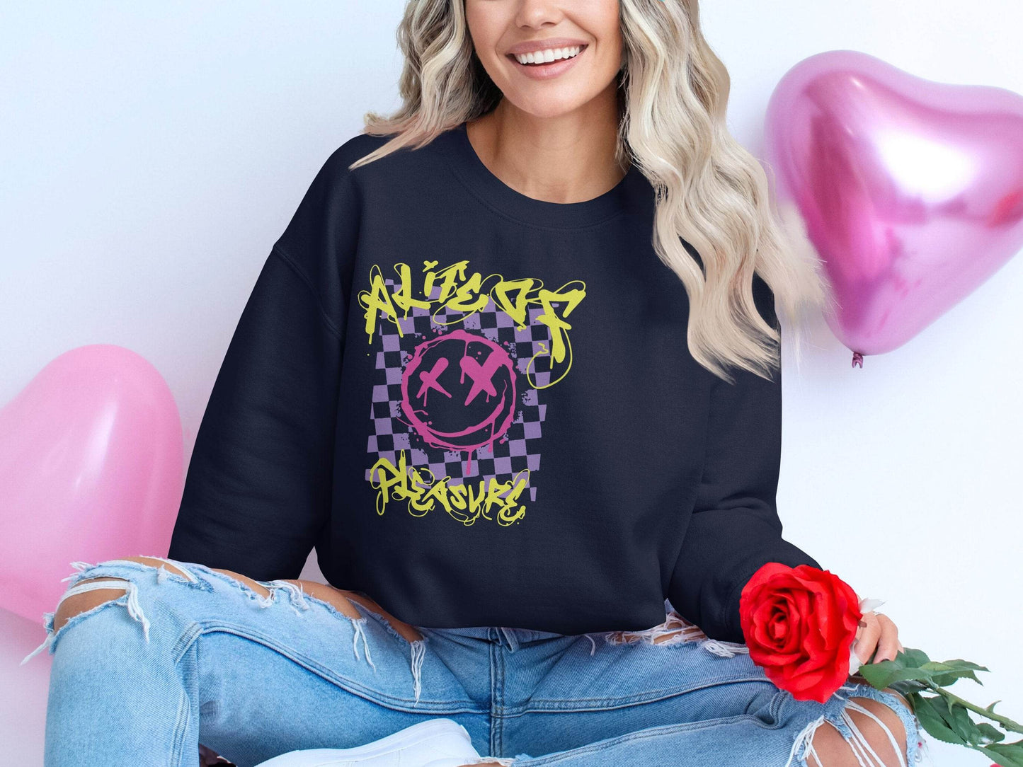 Grunge Smiley Checkered Dead Smile Graphic with Graffiti Sweater - Design & Vybe