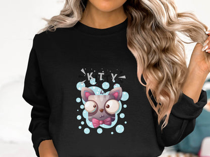 Cute Crazy Kitty Design with Large Eyes and Bow Tie Sweater - Design & Vybe
