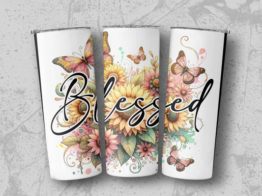Blessed Butterfly Sunflower Art Design Print On A Tumbler - Design & Vybe