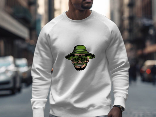Green Bearded Man With Weed Hat Cartoon Design Sweater - Design & Vybe