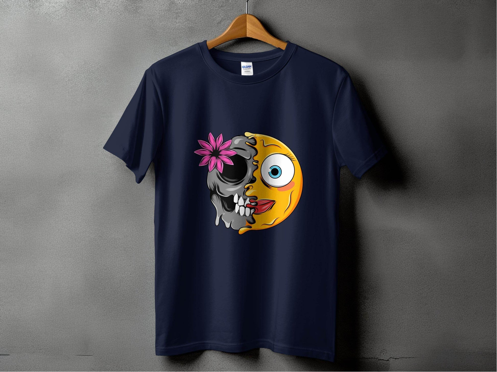 Half Skull and Happy Face Smiley Design T-Shirt - Design & Vybe