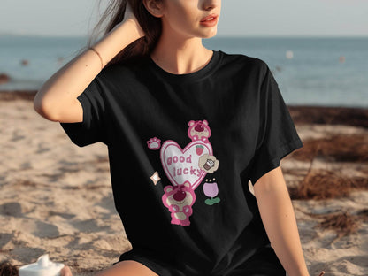 Cute Pink Bear With Good Lucky Heart Design T-Shirt - Design & Vybe