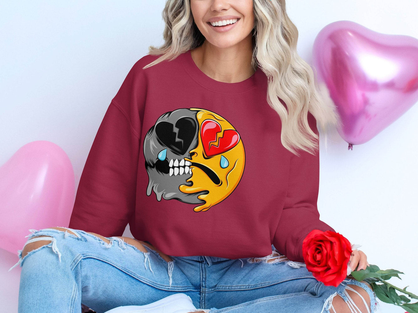 Dual Emotions Skull And Hearts Smiley Graphic Sweater - Design & Vybe
