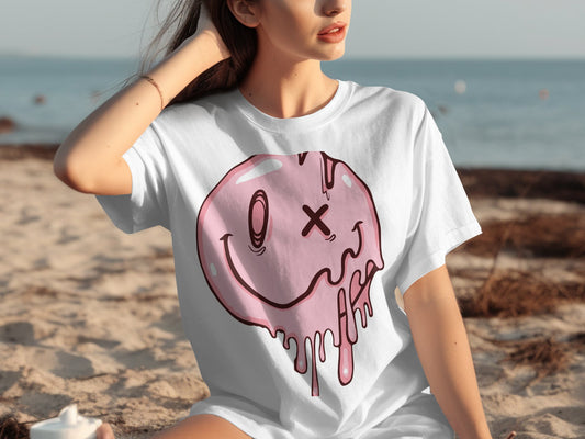 Pink Dripping Smiley Face Design on White Shirt product