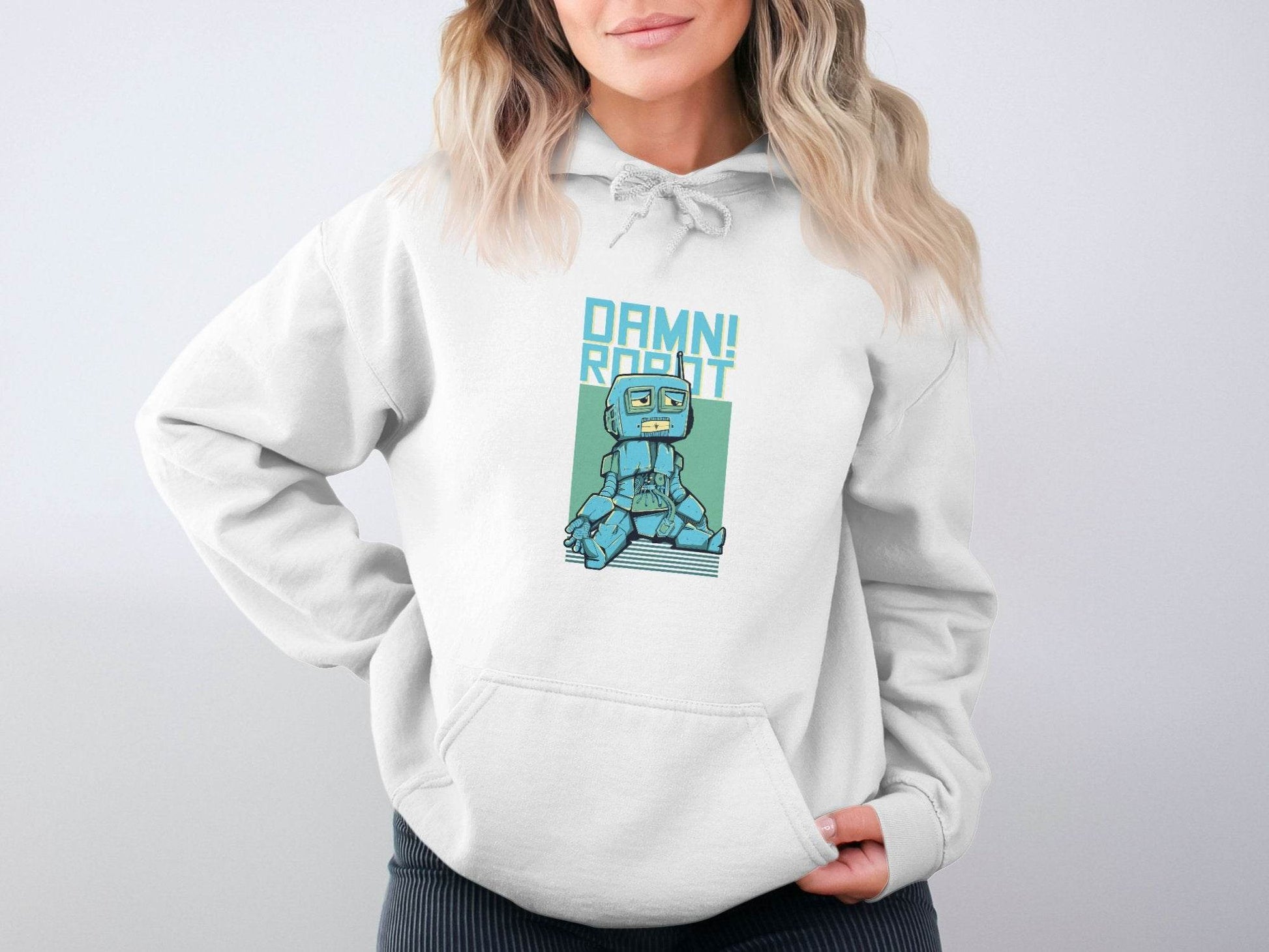 DAMN! Sad Robot Art With Greenish Backdrop Design Hoodie - Design & Vybe