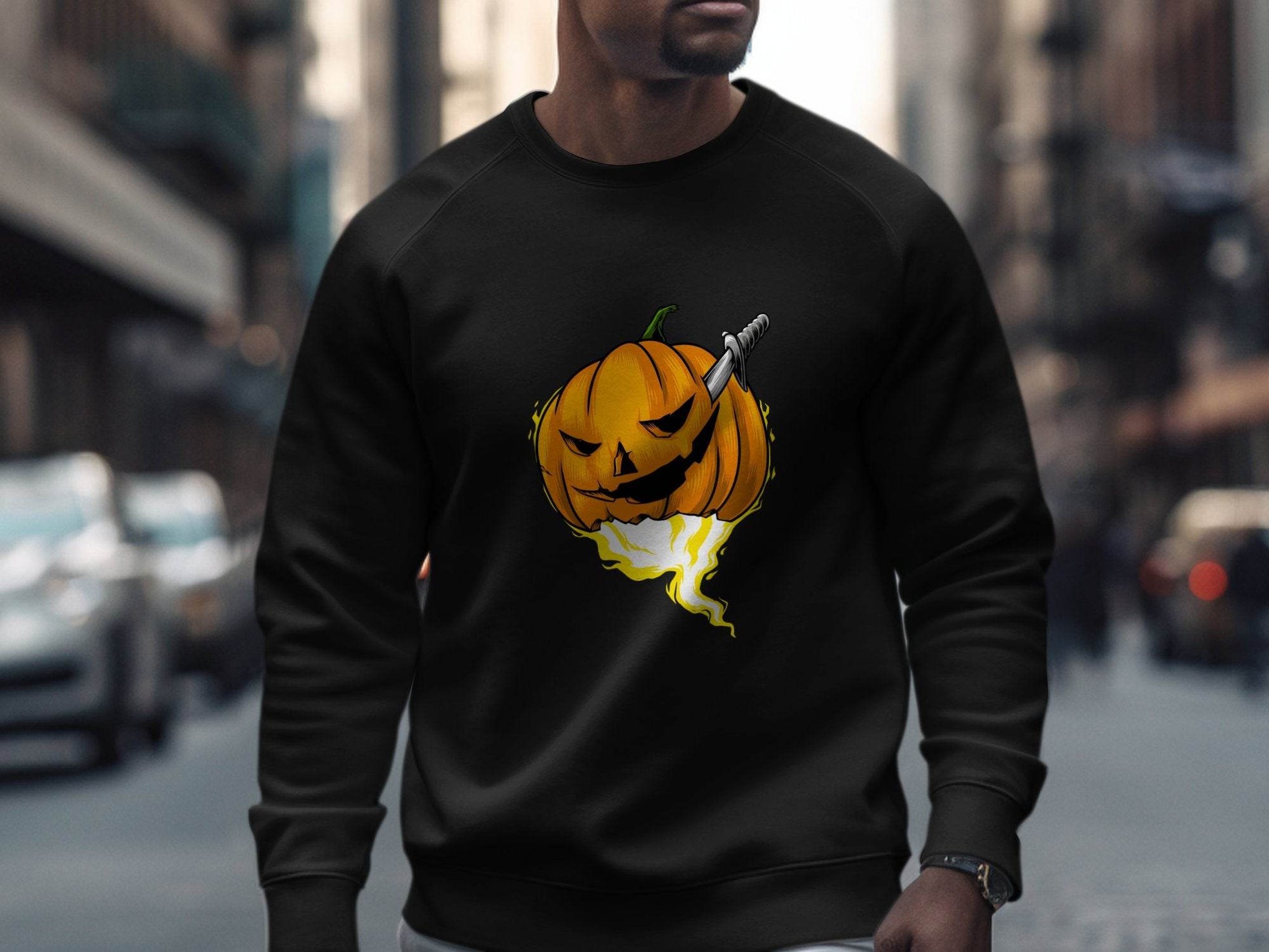 Halloween Pumpkin With Knife Illustration Design Sweater - Design & Vybe