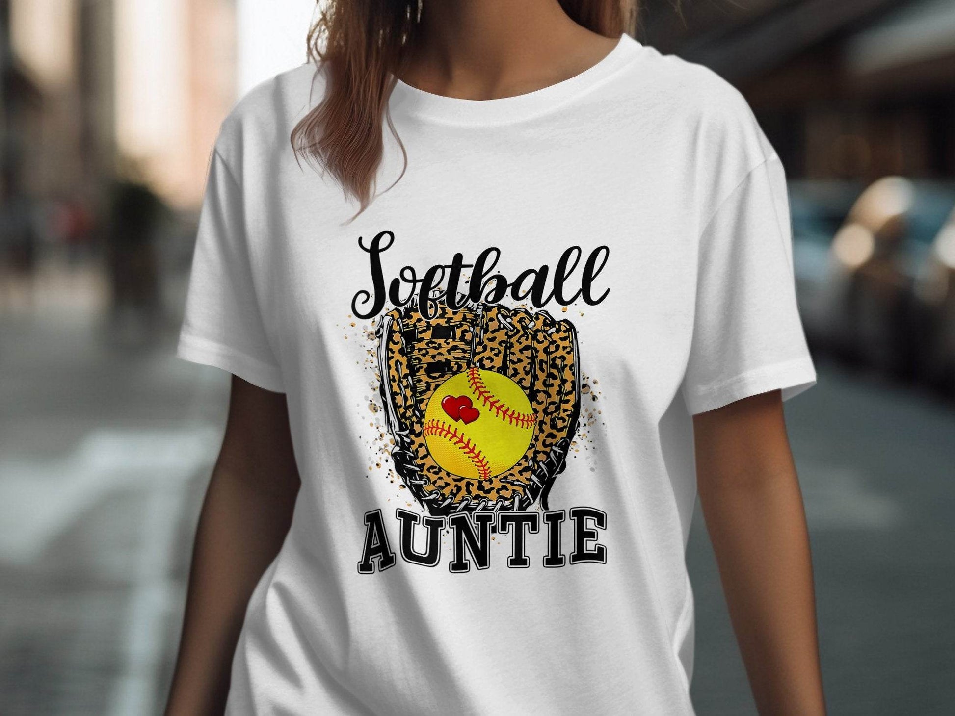 Softball Auntie with Hearts and Leopard Glove Design T-Shirt - Design & Vybe