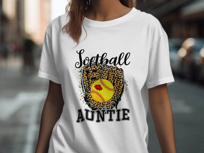 Softball Auntie with Hearts and Leopard Glove Design T-Shirt - Design & Vybe