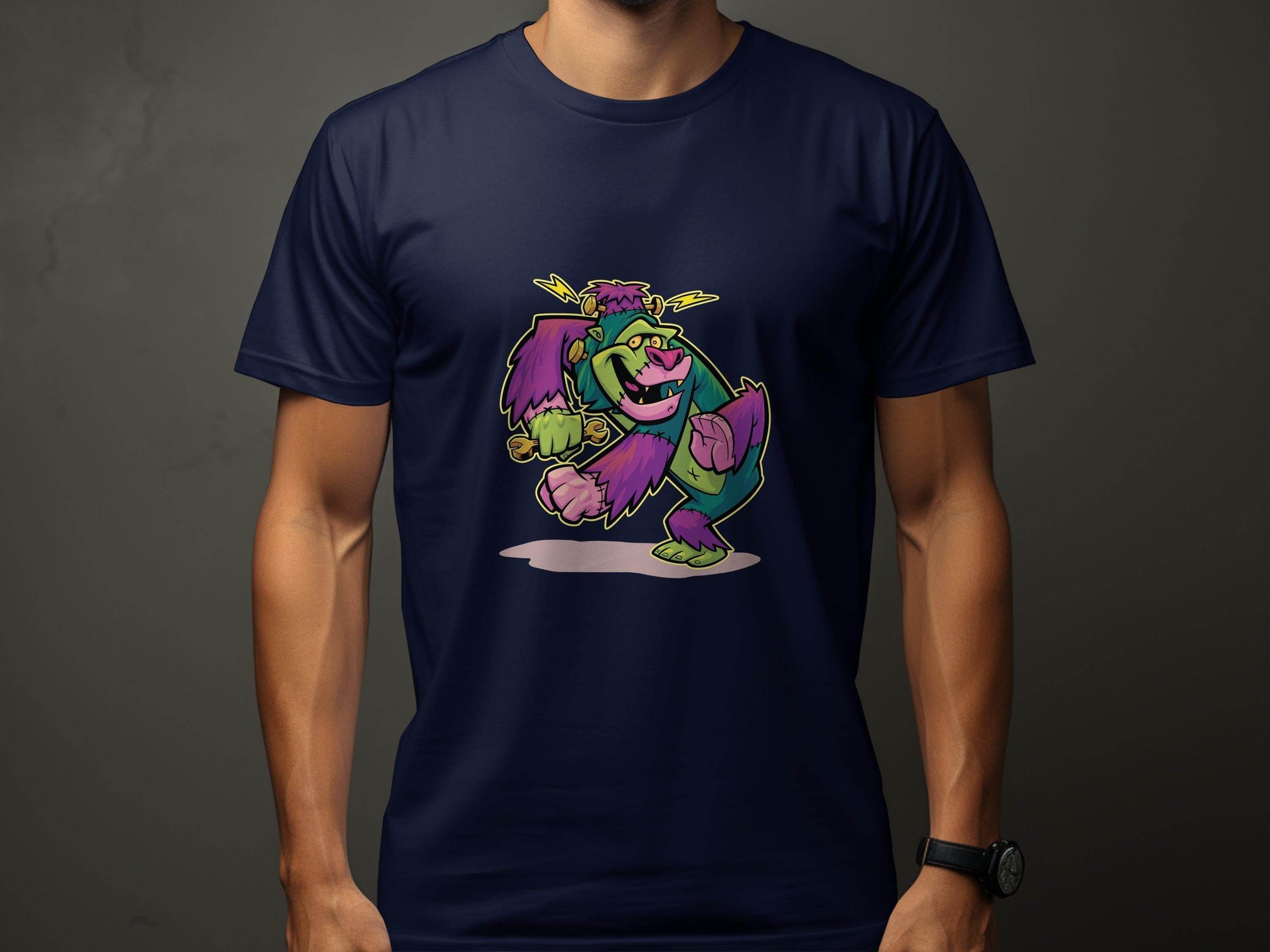 Cartoon Frankenstein with Lightning Strikes Above T-Shirt - Design & Vybe
