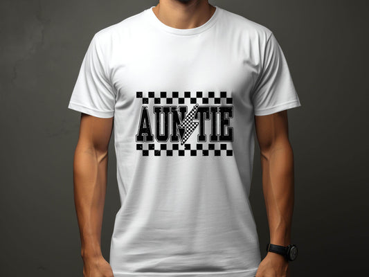 Auntie with Checkered Lightning Bolt Graphic T-Shirt - Design & Vybe