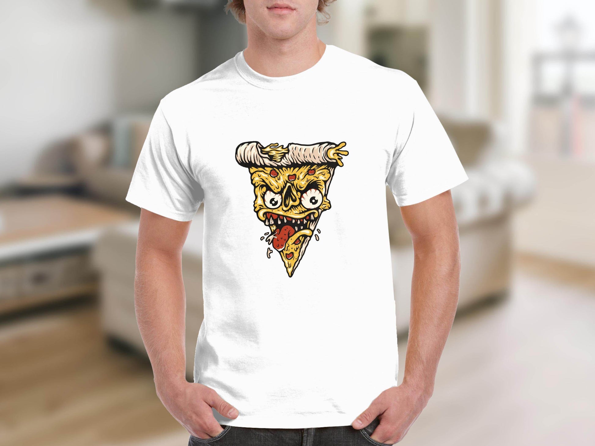 Creepy Pizza Slice with Evil Face Graphic Print T-Shirt - Design & Vybe