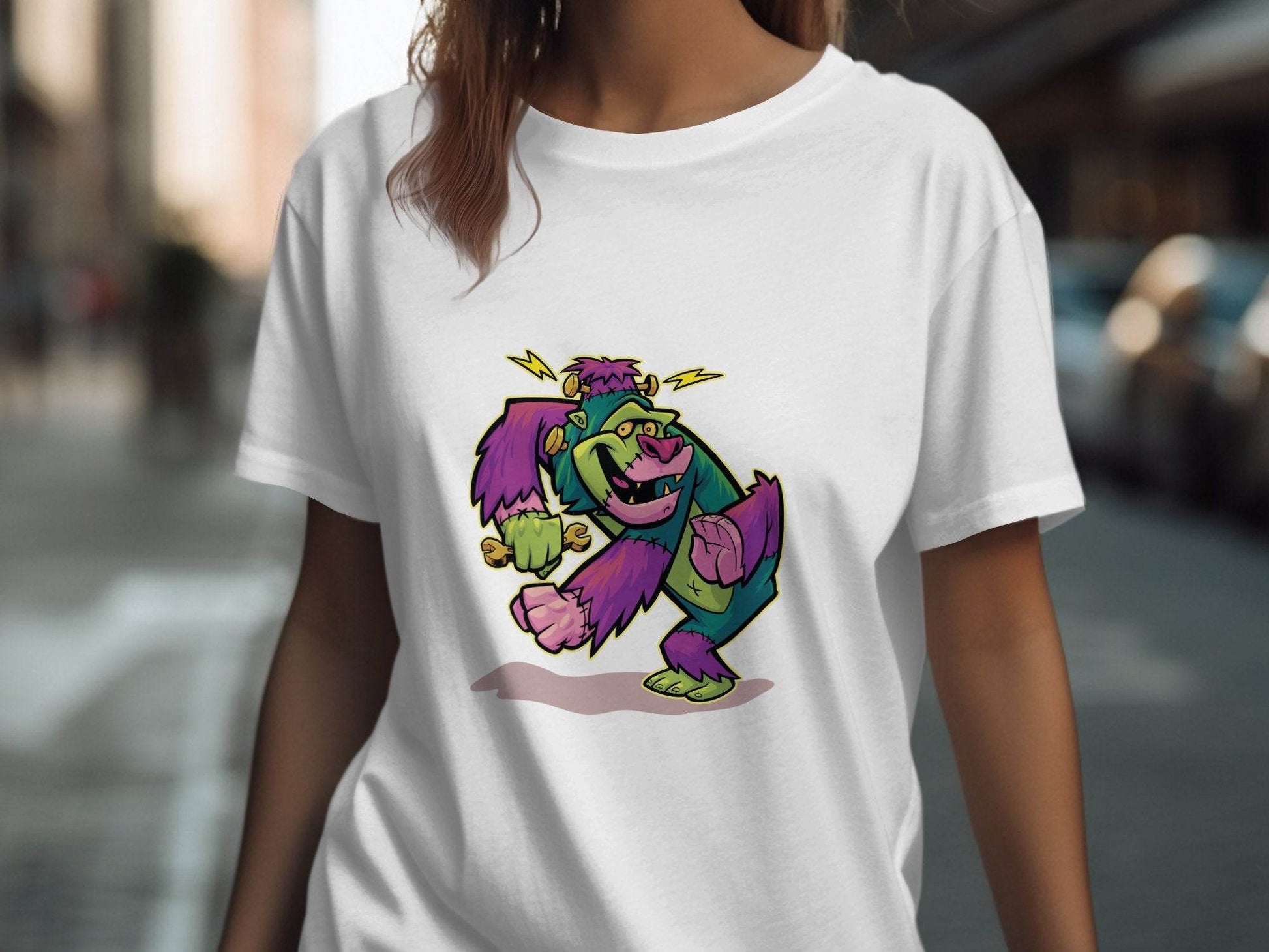 Cartoon Frankenstein with Lightning Strikes Above T-Shirt - Design & Vybe