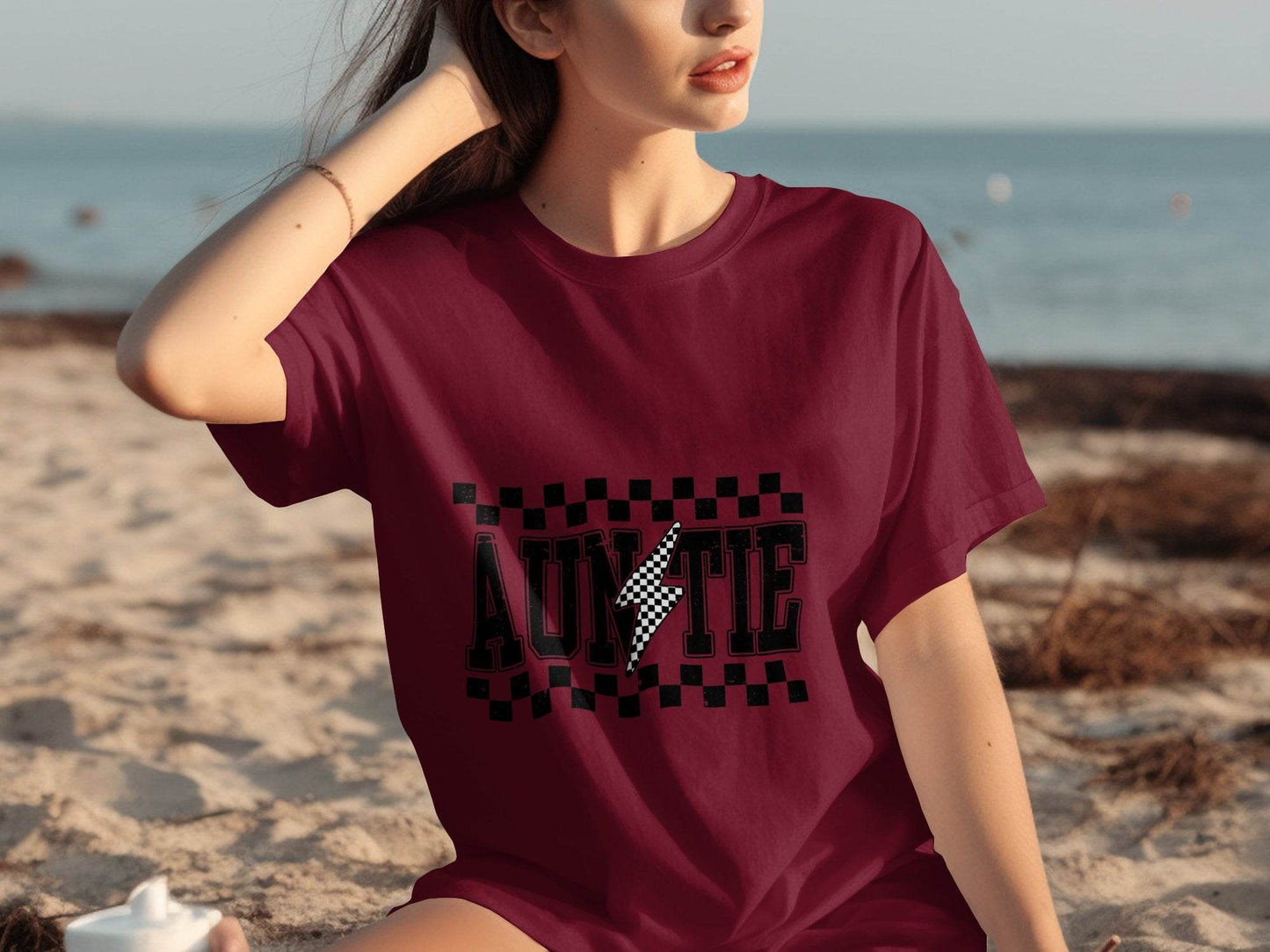 Auntie with Checkered Lightning Bolt Graphic T-Shirt - Design & Vybe