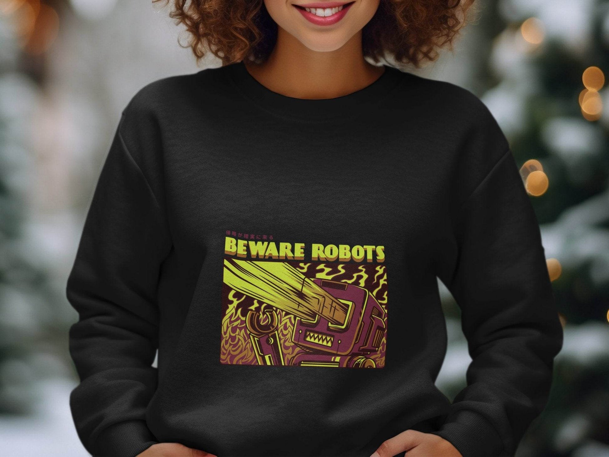 Retro Robot Invasion Graphic Beware Robots Sweaters - Design & Vybe