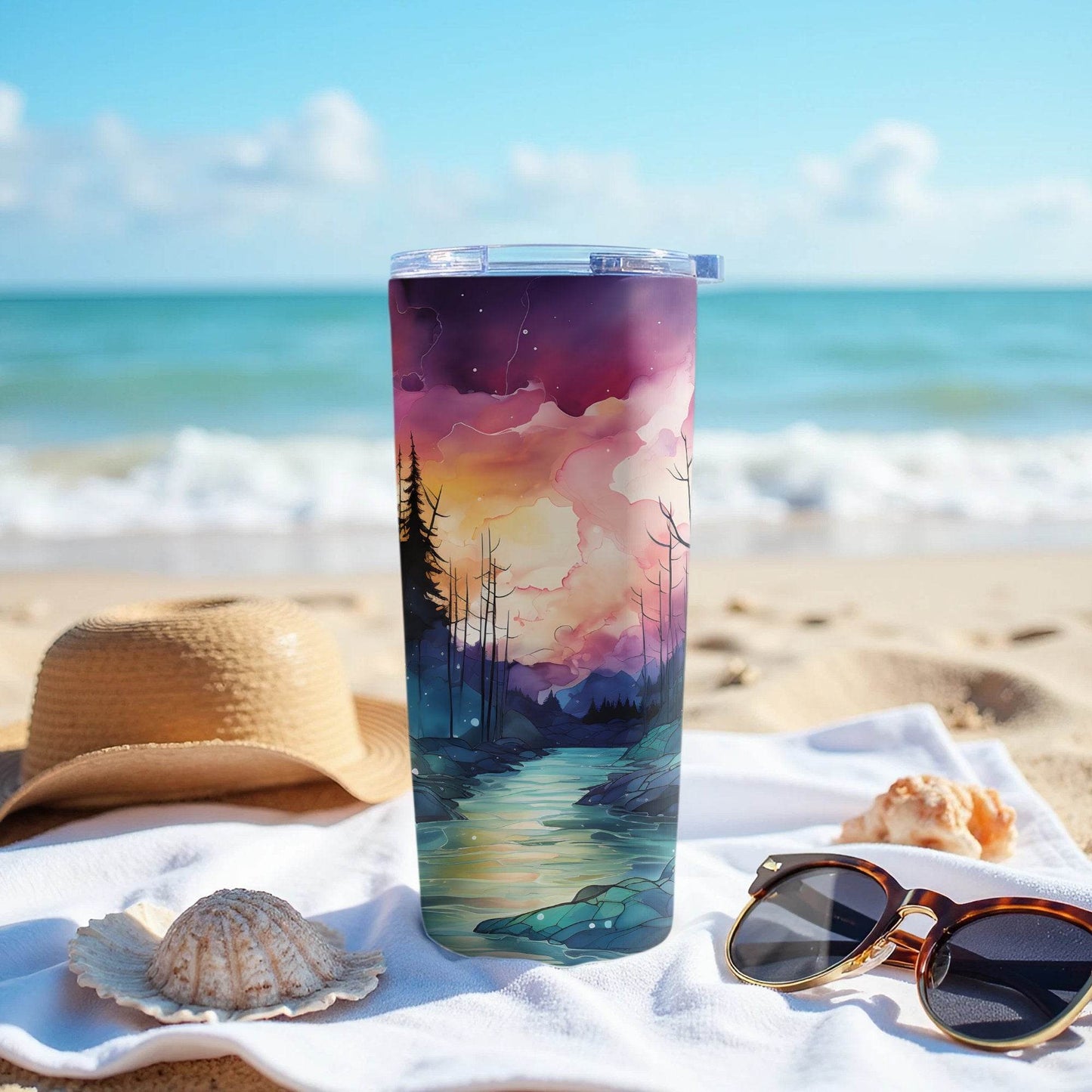 Sunset Over Forest River Artistic Illustration Tumbler - Design & Vybe