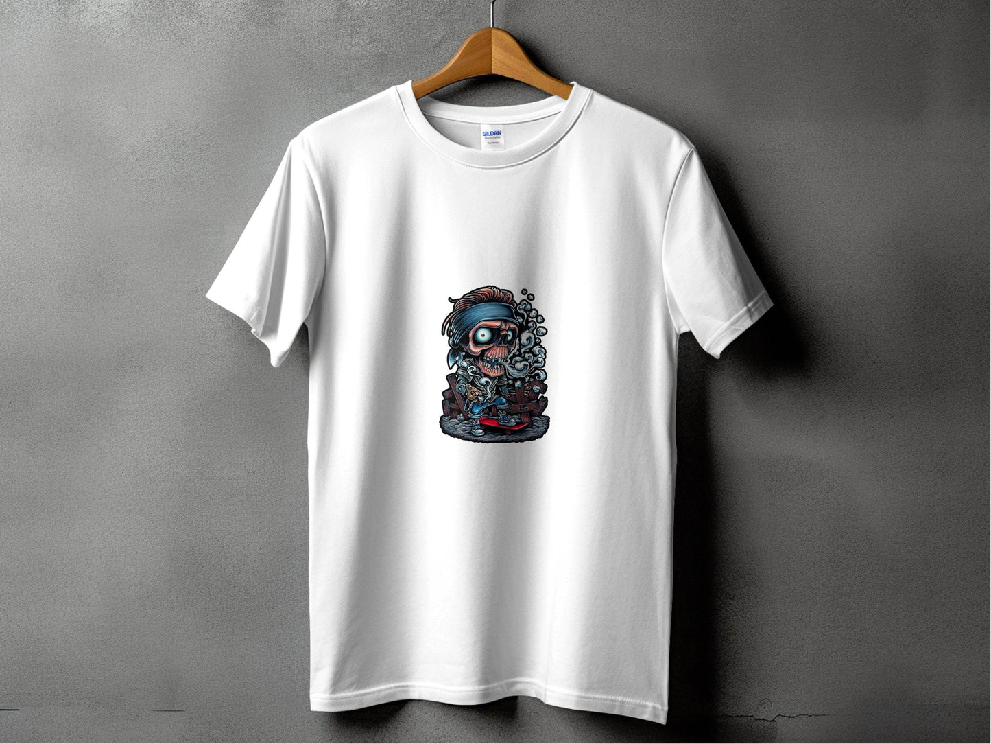Skull On Skateboard Smoking Cartoon Art Illustration T-Shirt - Design & Vybe