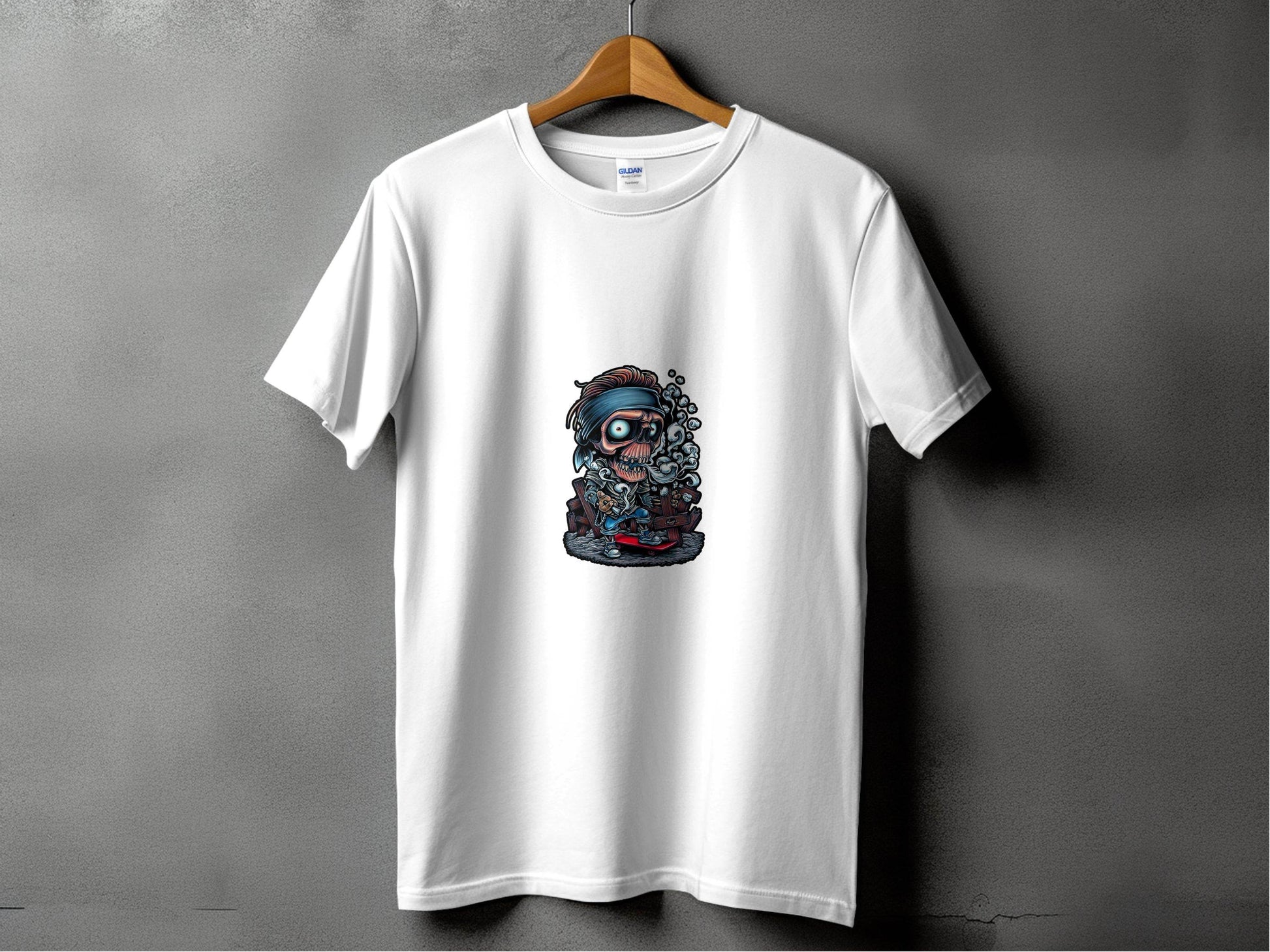 Skull On Skateboard Smoking Cartoon Art Illustration T-Shirt - Design & Vybe