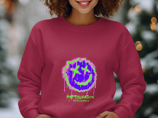 Happy Nation Toxiclated Smiley Face Graphic Design Sweater - Design & Vybe