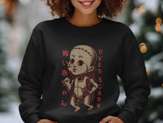 Scary Doll with Japanese Text Design Trendy Over Scary Sweater - Design & Vybe
