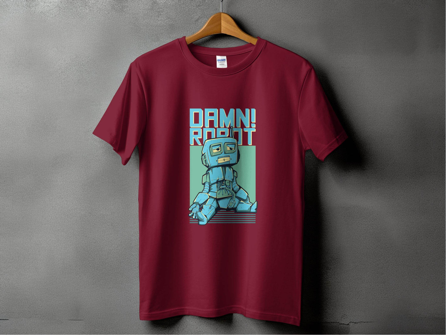 DAMN! Sad Robot Art With Greenish Backdrop Design T-Shirt - Design & Vybe