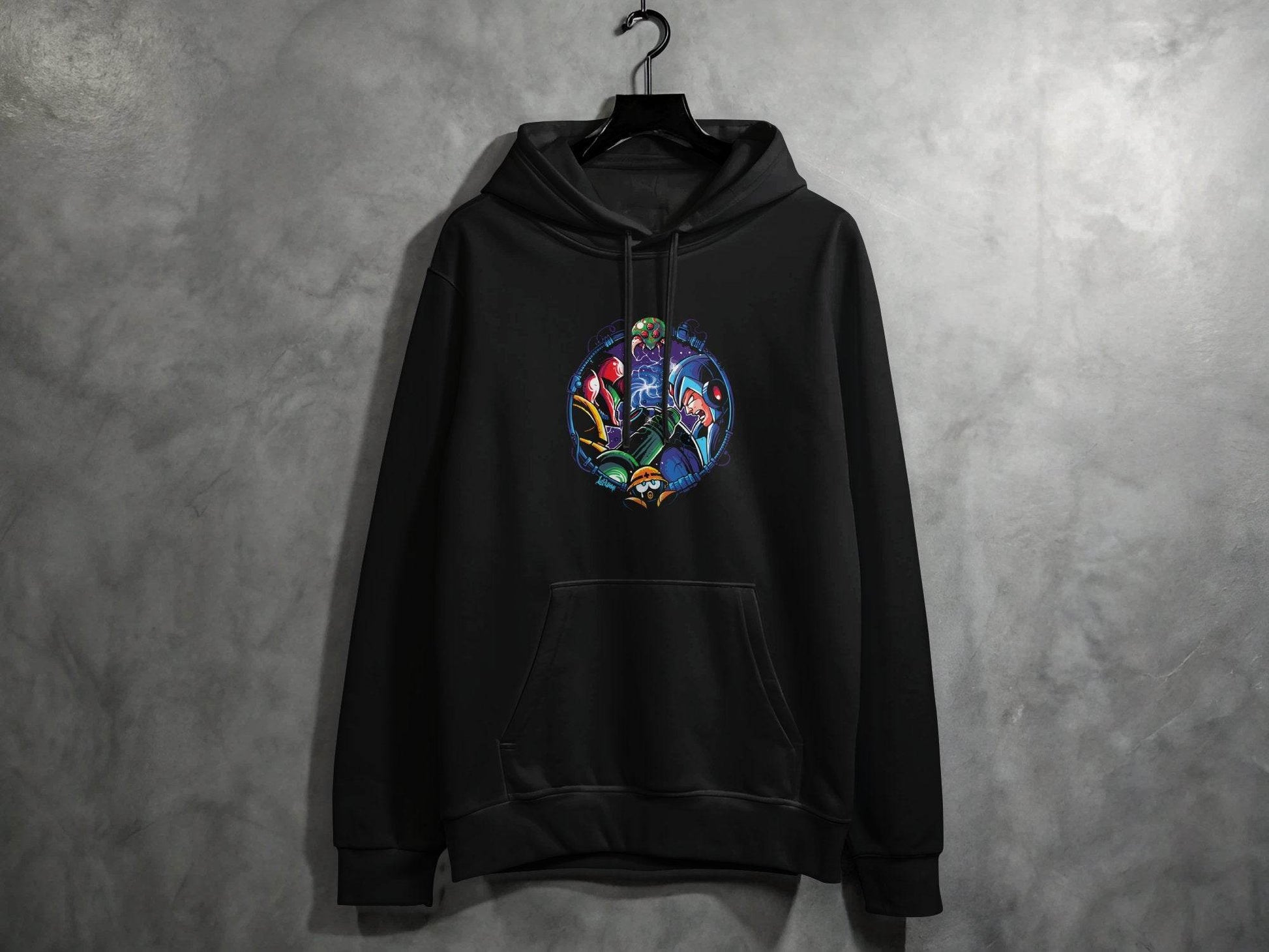 Metroid Meets Mega Man Character Design in Space Hoodie - Design & Vybe