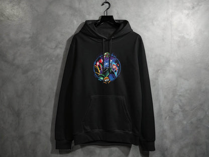 Metroid Meets Mega Man Character Design in Space Hoodie - Design & Vybe