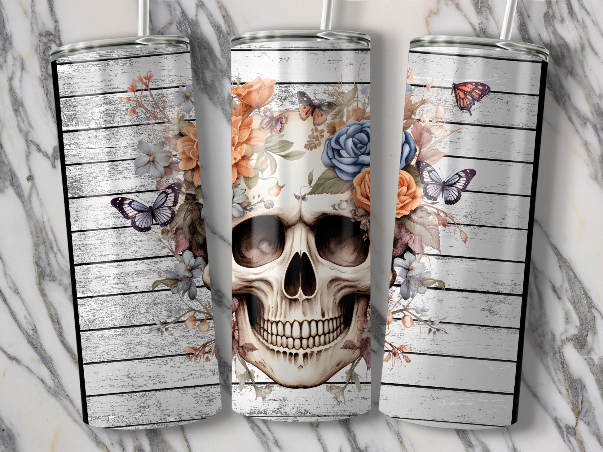 Floral Skull and Butterfly Stripe Design Tumbler product