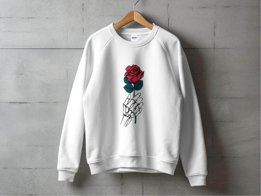 Skeletal Hand Holding Red Rose Floral Design Sweater - Design & Vybe