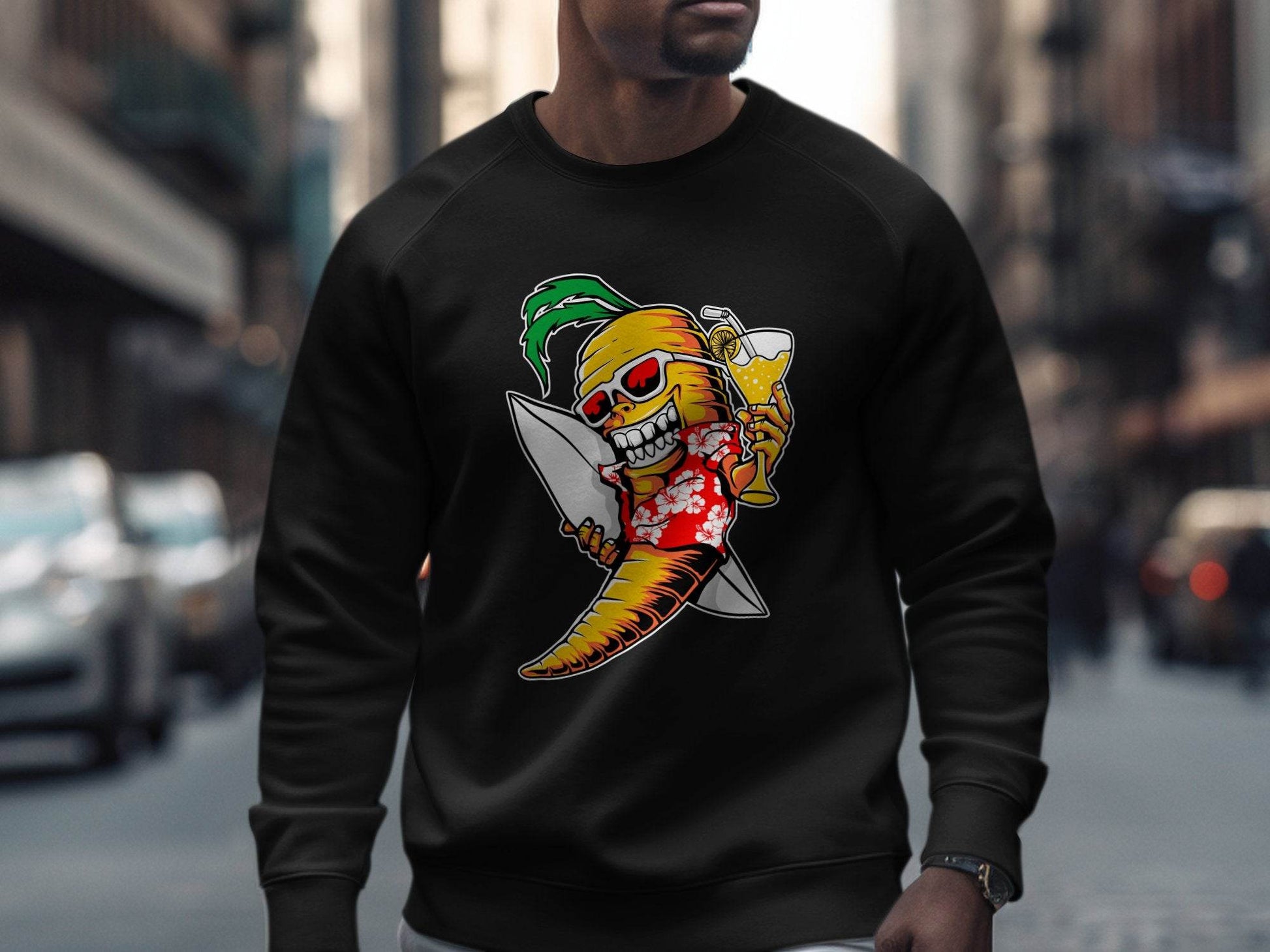 Tropical Vibes Surfboard Carrot Skeleton Graphic Sweater - Design & Vybe