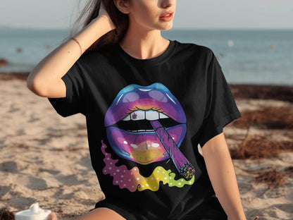 Colorful Lips Smoking Weed Design T-Shirt - Design & Vybe
