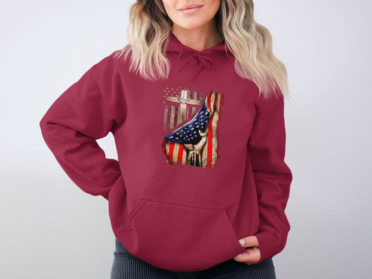 American Flag Plus Cross Held in Hand Design Hoodie - Design & Vybe