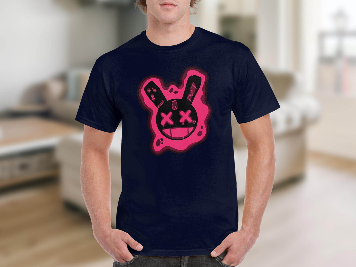 Unique Red Pink Dripping Rabbit Bunny Dead Smiley Face Graphic T-shirt - Design & Vybe