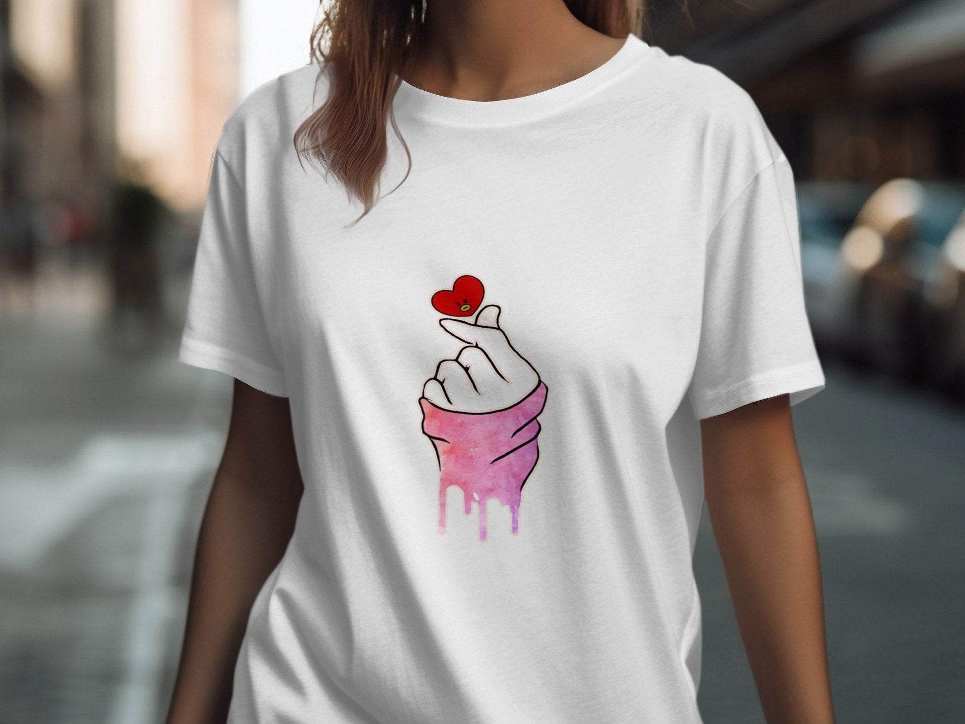 Finger Heart with a Red Heart Cartoon Drawing T-Shirt - Design & Vybe