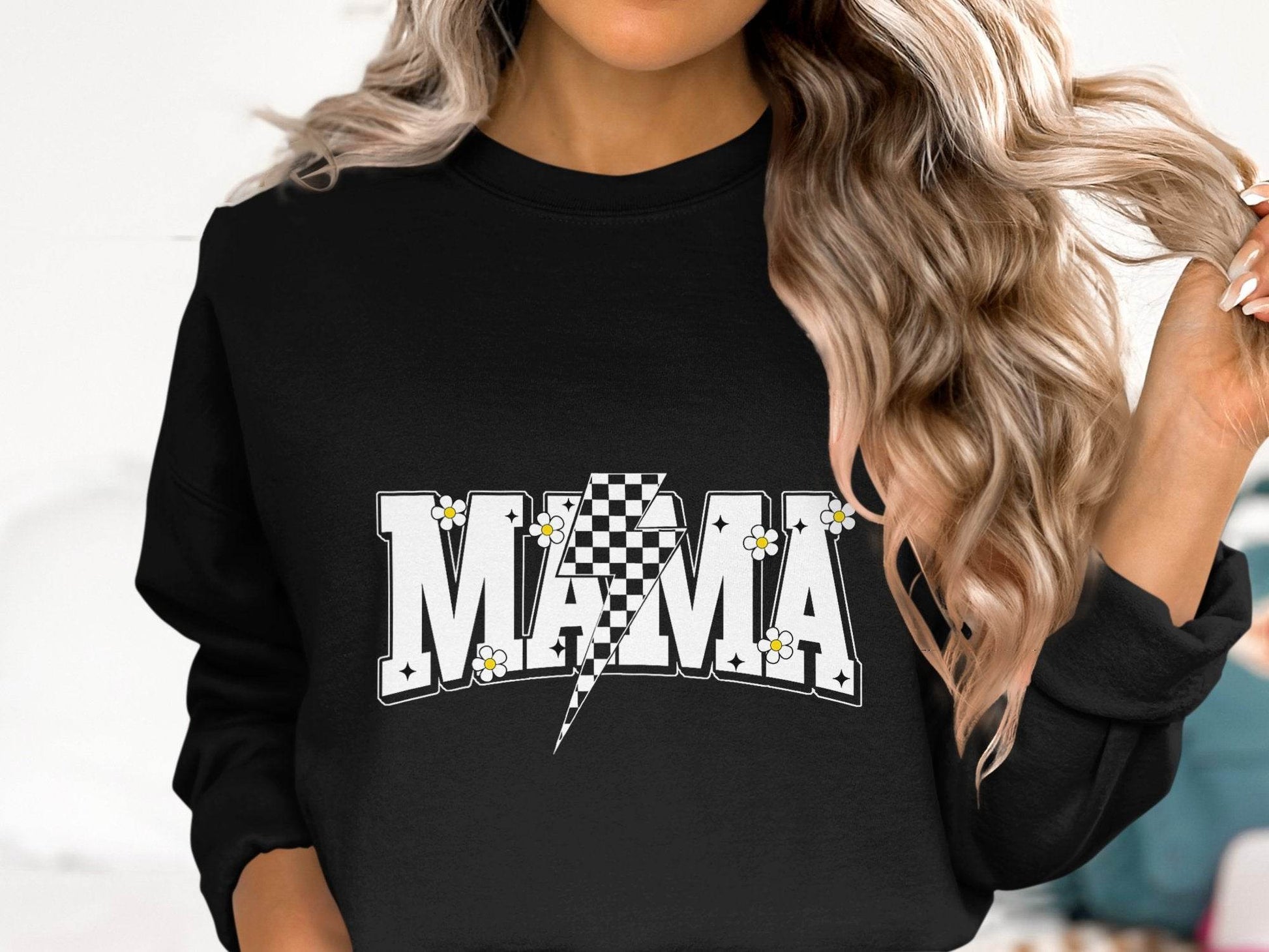 Retro Mama Checkered Bolt Floral Design Graphic Sweater - Design & Vybe
