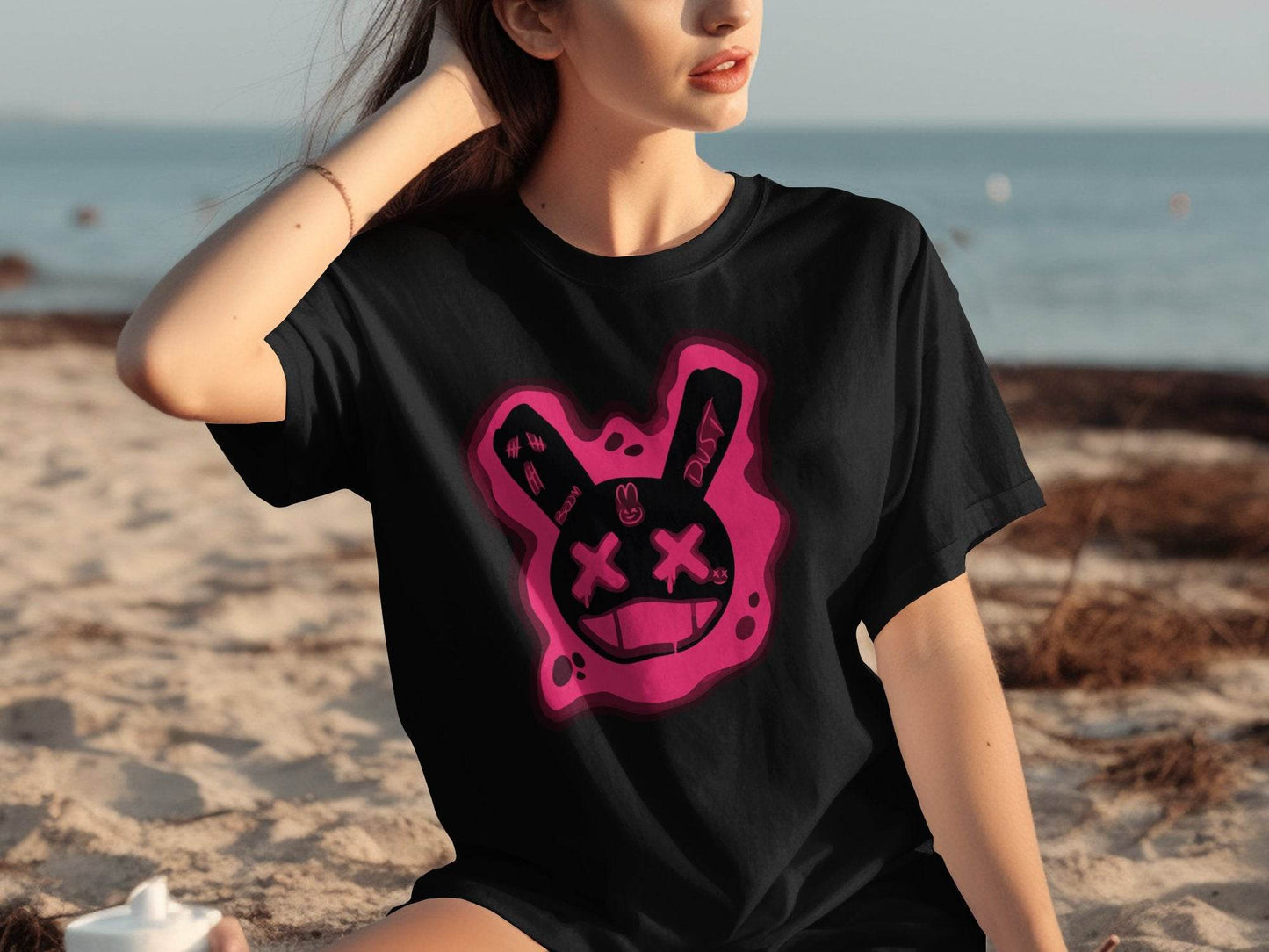 Unique Red Pink Dripping Rabbit Bunny Dead Smiley Face Graphic T-shirt - Design & Vybe