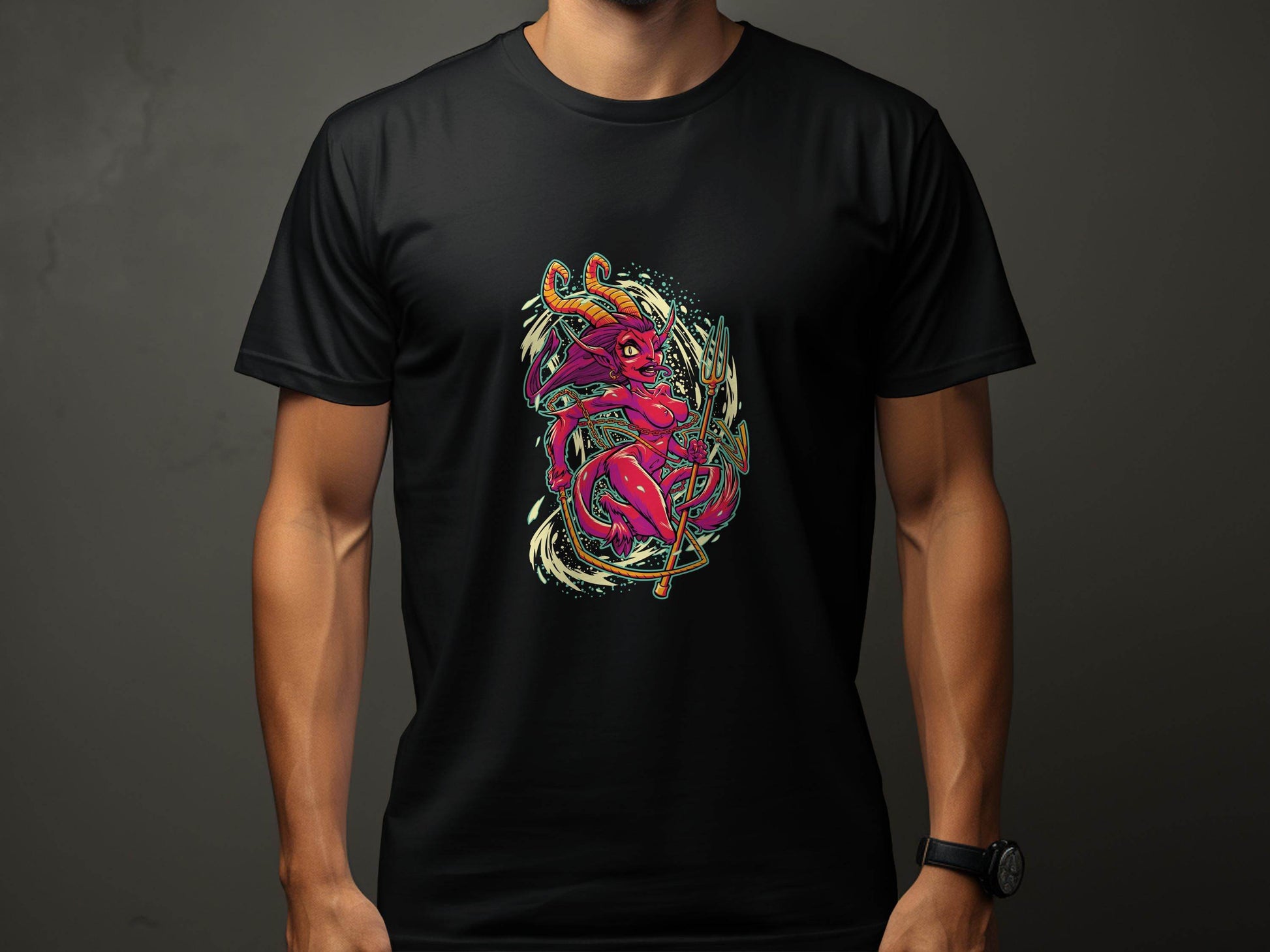 Fiery Temptress Devil Girl Art With A Pitchfork T-Shirt - Design & Vybe