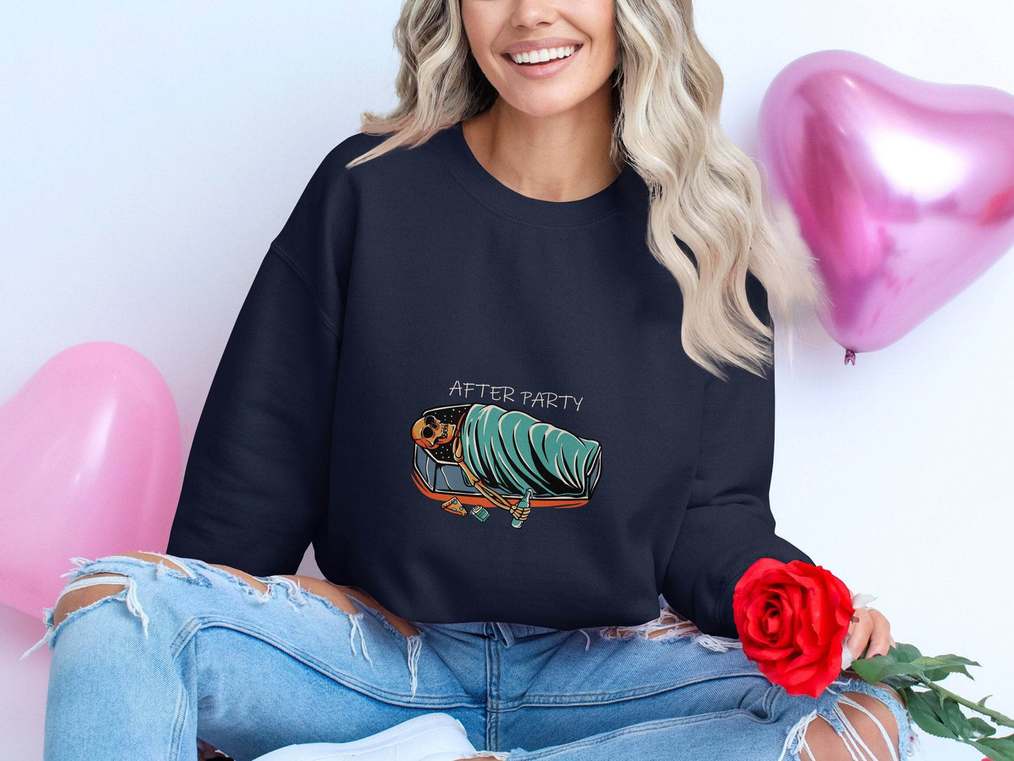 After Party Skeleton Resting in Coffin Graphic Sweater - Design & Vybe