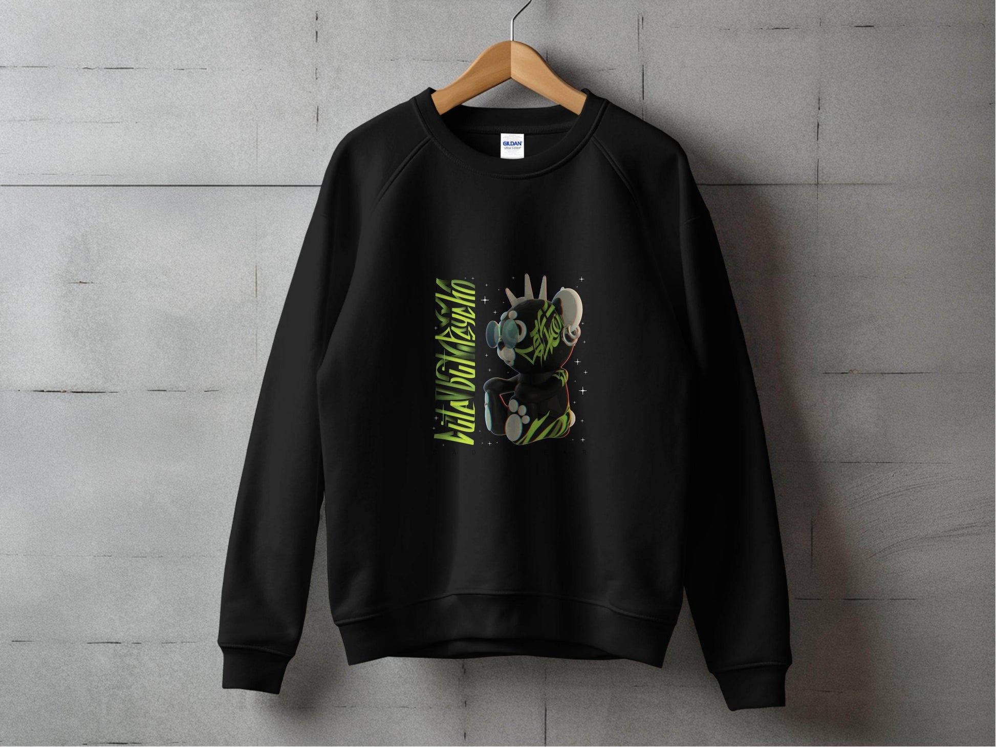 Sad Bear Black With Neon Green Graphics Design Sweater - Design & Vybe