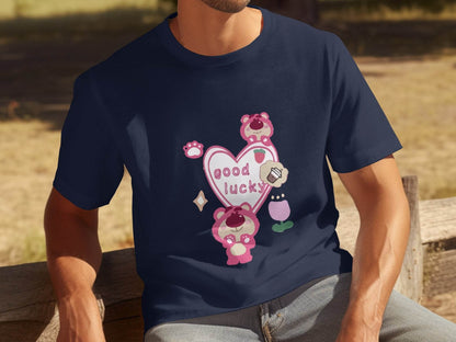Cute Pink Bear With Good Lucky Heart Design T-Shirt - Design & Vybe