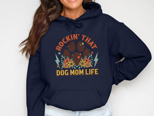 Rockin' That Dog Mom Life With Paw and Flowers Hoodie - Design & Vybe