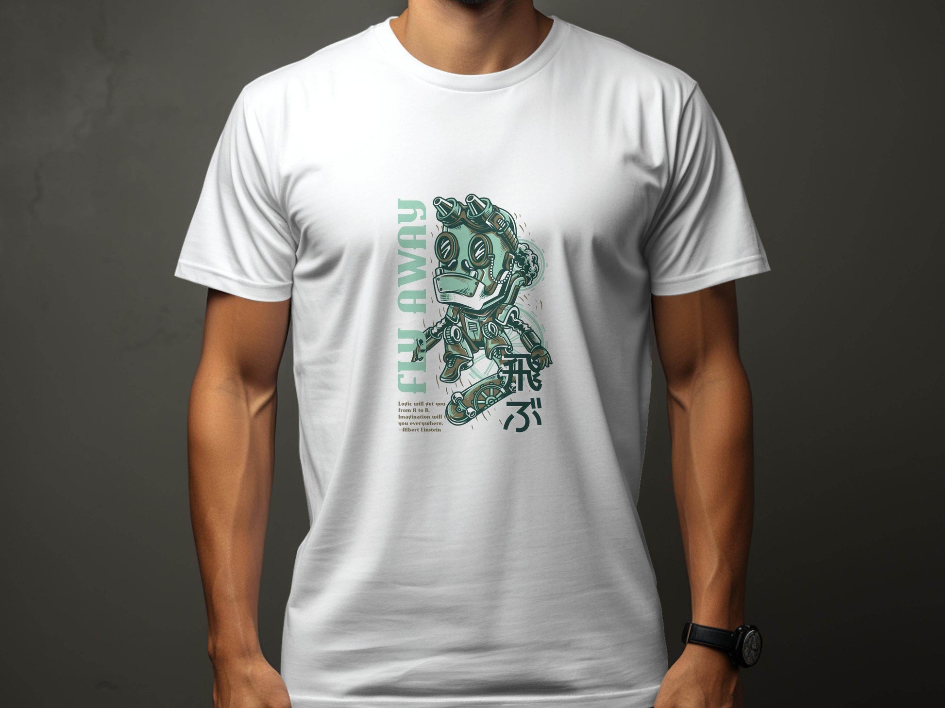 Fly Away Steampunk Robot Skateboard Graphic Design T-Shirt - Design & Vybe