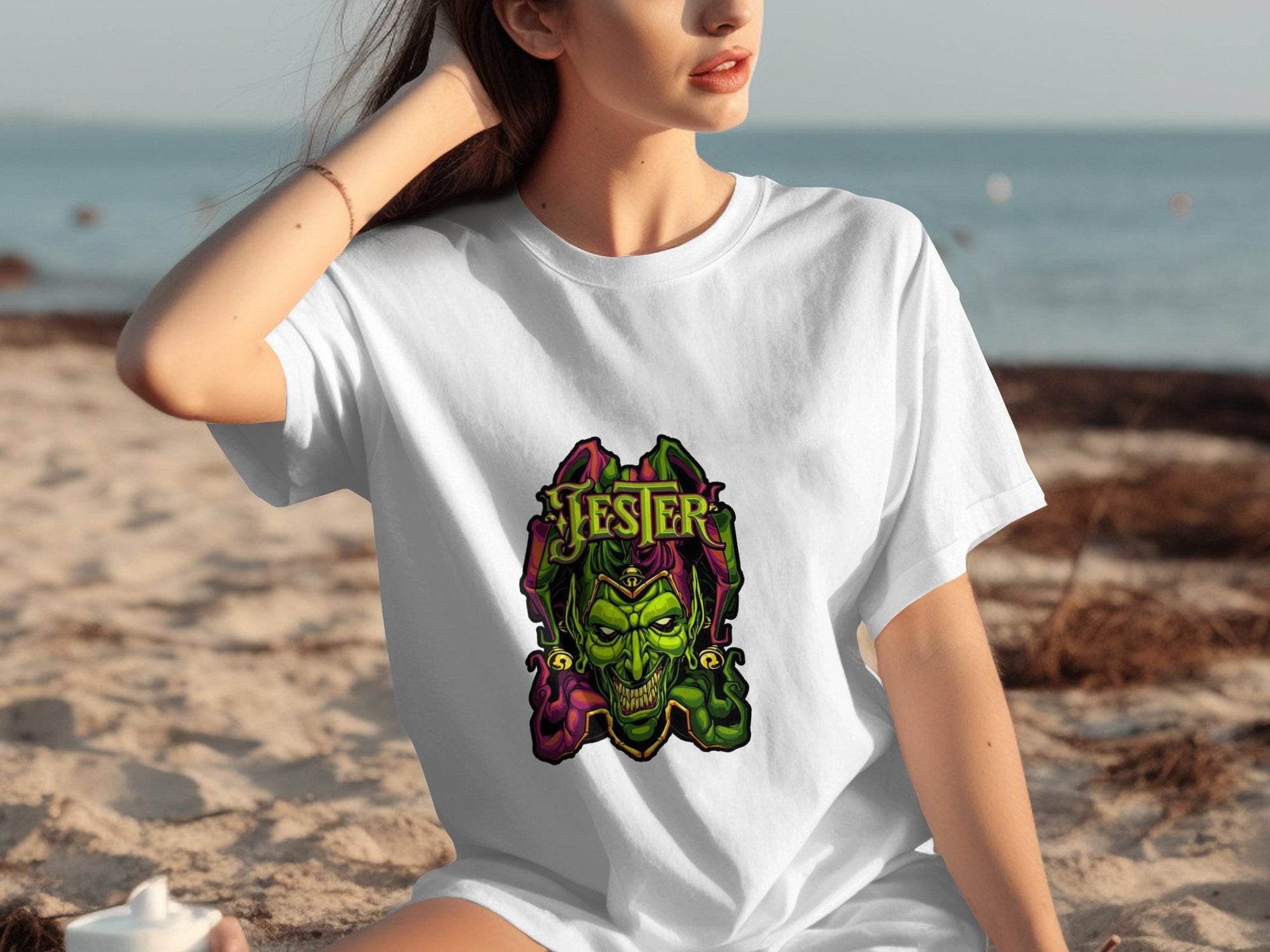 Wicked Jester Graphic Green Purple Gold Artwork T-Shirt - Design & Vybe
