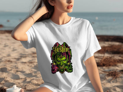 Wicked Jester Graphic Green Purple Gold Artwork T-Shirt - Design & Vybe